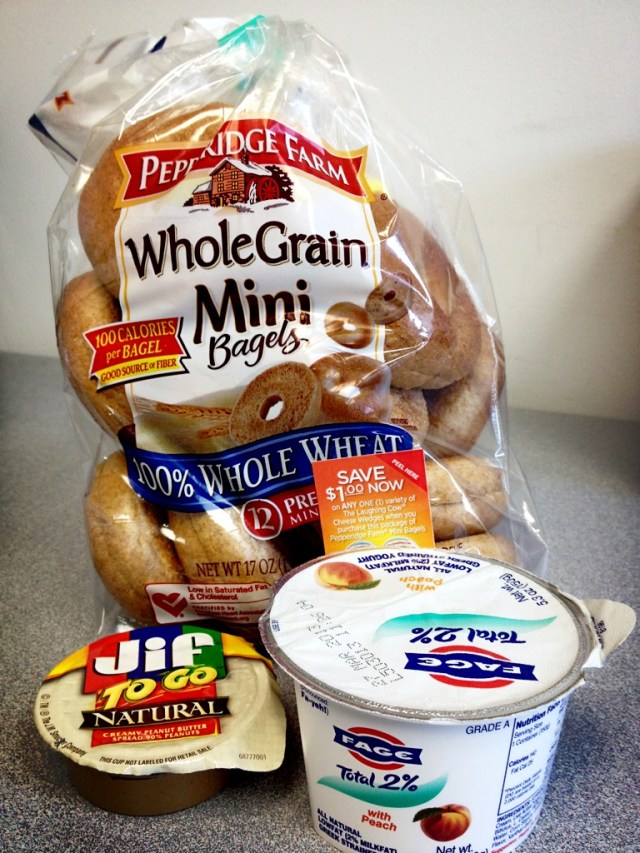 Fage peach yogurt, whole grain mini bagel, natural peanut butter